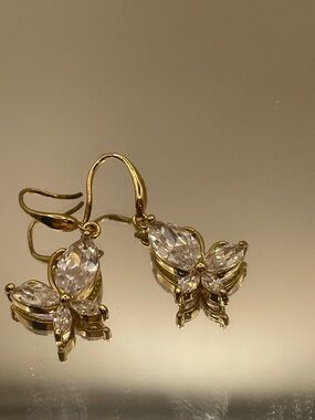Gold-tone Clear CZ Drop Earrings - Elegant Floral Design 1”